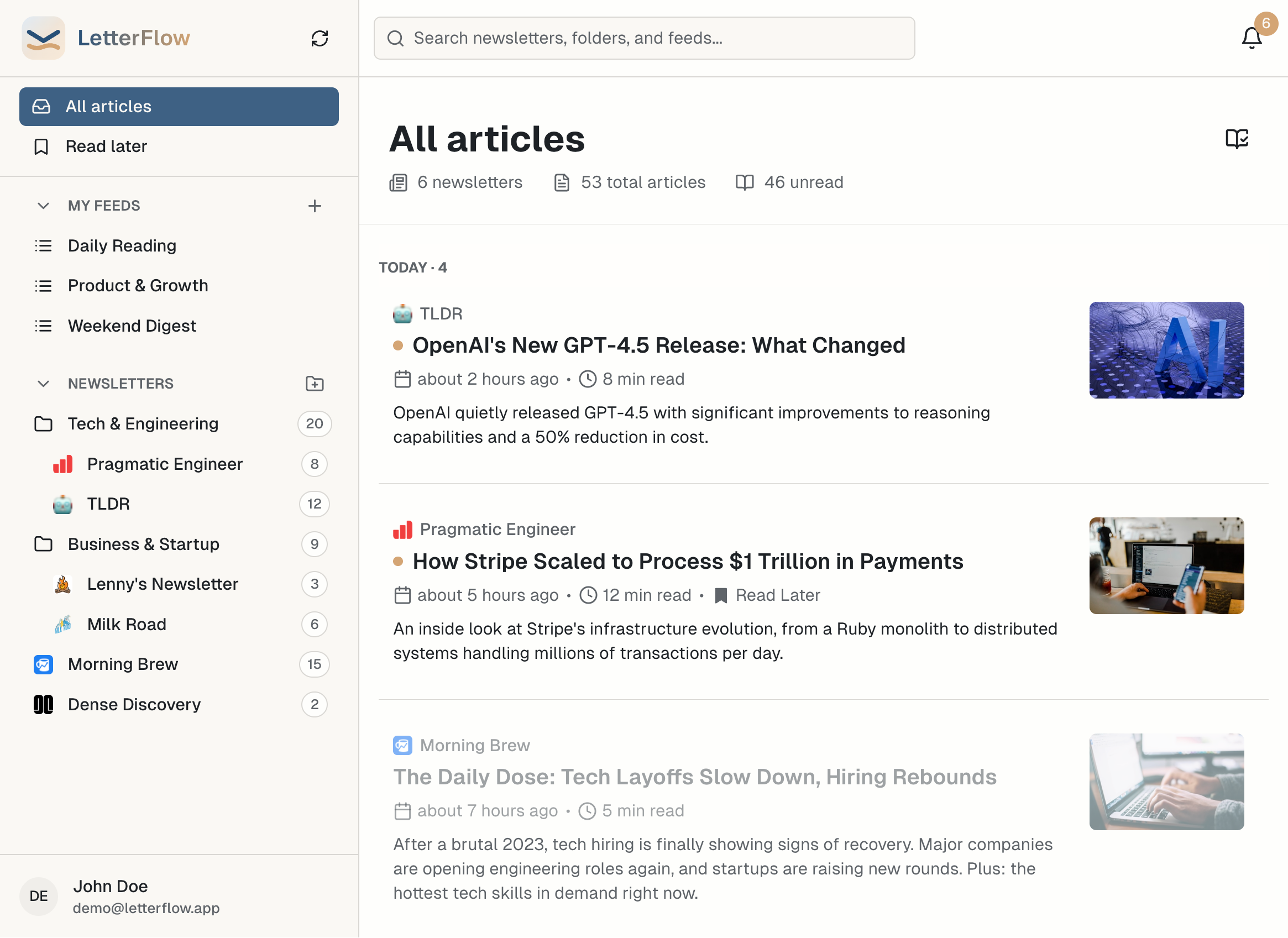 LetterFlow app - light mode